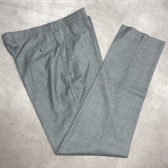 Jos A Bank Mens 39 x 36 No Hem Wool Dress Pants Gray w/blue Pinstripe Flat Front - Picture 2 of 7
